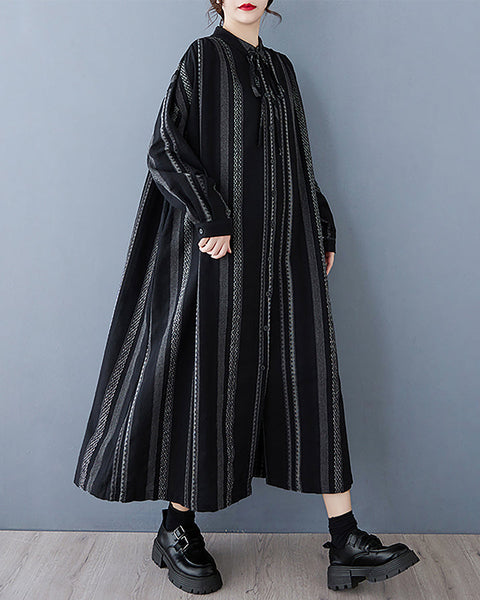 ellazhu Women's Shirt Dress Strip Button Down Long Sleeve Lapel Flowy Hem Casual Loose Maxi GZ397 Black