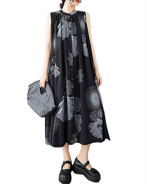ellazhu Women's Shirt Dress Crewneck Sleeveless Two Side Pockets Patterned Flowy Hem Casual GZ399 Black