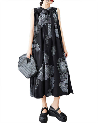 ellazhu Women's Shirt Dress Crewneck Sleeveless Two Side Pockets Patterned Flowy Hem Casual GZ399 Black