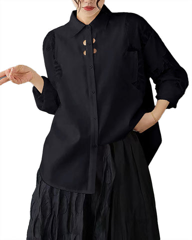 ellazhu Women's Shirt Lapel Button Down Long Sleeve Solid High Low Hem Hollow Casual Loose GZ402 Black