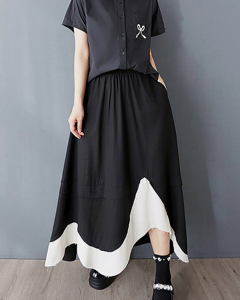 ellazhu Women's Skirt Elastic Waist Wide Leg Asymmetrical Flowy Hem Casual Loose Maxi GZ404 Apricot
