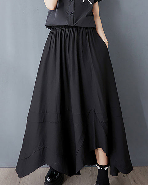 ellazhu Women's Skirt Elastic Waist Wide Leg Asymmetrical Flowy Hem Casual Loose Maxi GZ404 Apricot