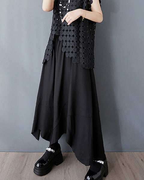 ellazhu Women's Skirt Elastic Waist Wide Leg Asymmetrical Flowy Hem Casual Loose Maxi GZ404 Apricot