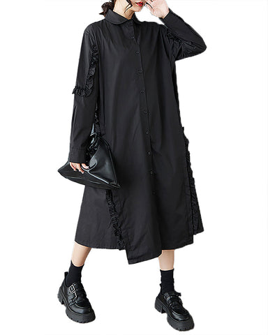 ellazhu Women's Shirt Dress Button Down Long Sleeve Lapel Solid Asymmetrical Hem Casual Loose GZ405 Black