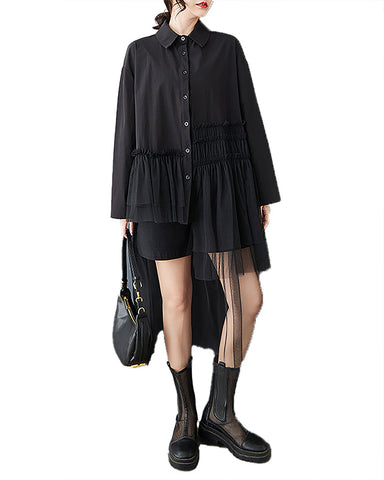 ellazhu Women's Shirt Dress Button Down Long Sleeve Lapel Solid High Low Hem Lace Casual Loose GZ406 Black