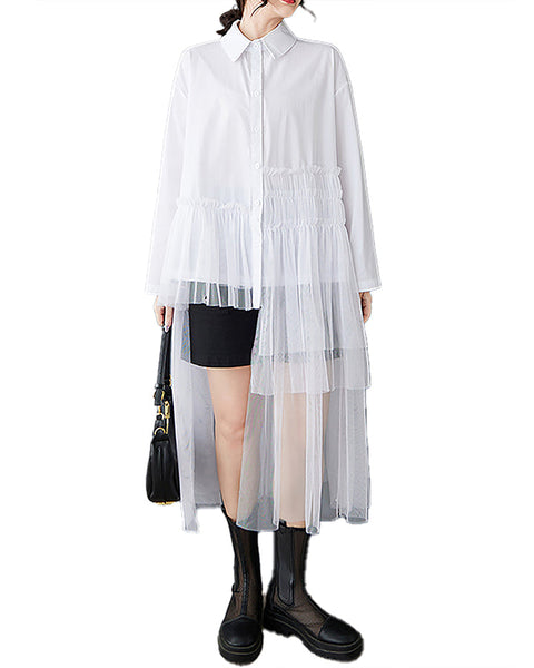 ellazhu Women's Shirt Dress Button Down Long Sleeve Lapel Solid High Low Hem Lace Casual Loose GZ406 Black