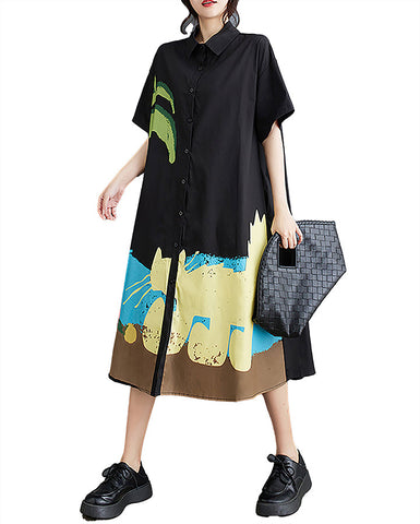 ellazhu Women's Shirt Dress Button Down Short Sleeve Lapel Patterned Two Side Pockets Straight Hem GZ407 Black