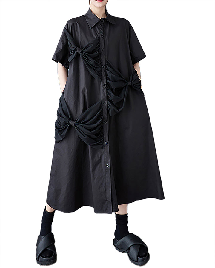 ellazhu Women's Shirt Dress Button Down Short Sleeve Lapel Two Side Pockets Flowy Hem Casual Loose GZ408 Black
