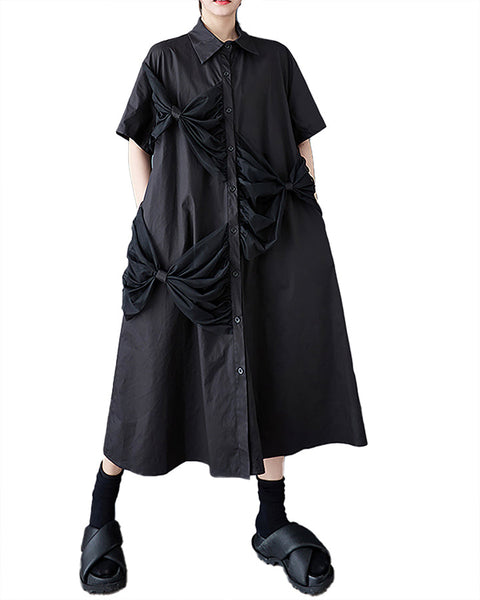 ellazhu Women's Shirt Dress Button Down Short Sleeve Lapel Two Side Pockets Flowy Hem Casual Loose GZ408 Black