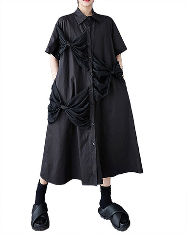 ellazhu Women's Shirt Dress Button Down Short Sleeve Lapel Two Side Pockets Flowy Hem Casual Loose GZ408 Black