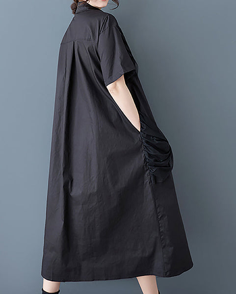 ellazhu Women's Shirt Dress Button Down Short Sleeve Lapel Two Side Pockets Flowy Hem Casual Loose GZ408 Black