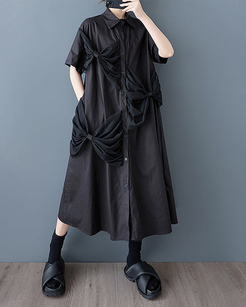ellazhu Women's Shirt Dress Button Down Short Sleeve Lapel Two Side Pockets Flowy Hem Casual Loose GZ408 Black