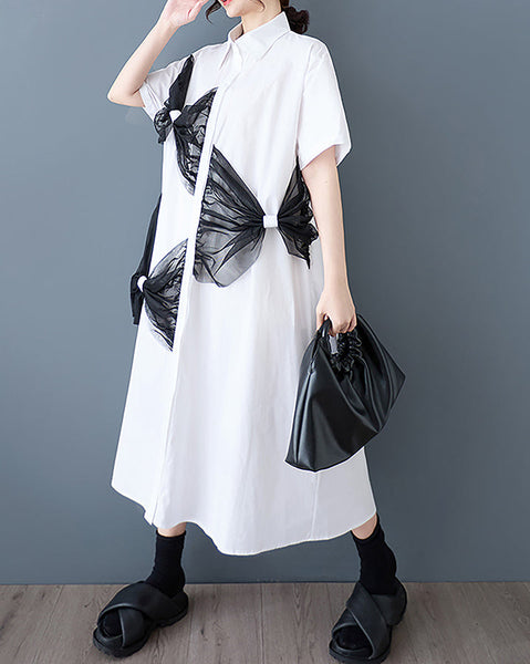 ellazhu Women's Shirt Dress Button Down Short Sleeve Lapel Two Side Pockets Flowy Hem Casual Loose GZ408 Black