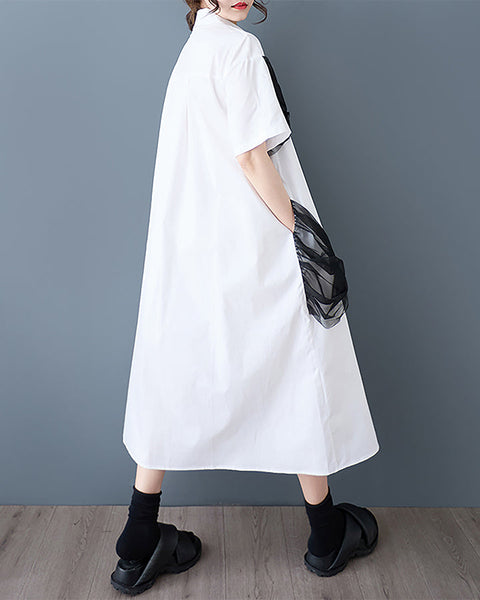 ellazhu Women's Shirt Dress Button Down Short Sleeve Lapel Two Side Pockets Flowy Hem Casual Loose GZ408 Black