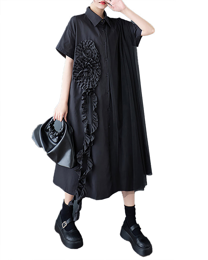 ellazhu Women's Shirt Dress Button Down Short Sleeve Lapel Two Side Pockets Lace Casual Loose Maxi Flowy Hem GZ409 Black