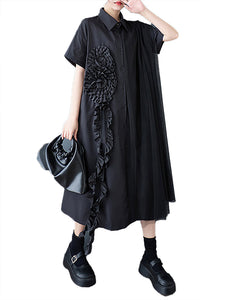 ellazhu Women's Shirt Dress Button Down Short Sleeve Lapel Two Side Pockets Lace Casual Loose Maxi Flowy Hem GZ409 Black
