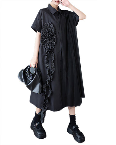 ellazhu Women's Shirt Dress Button Down Short Sleeve Lapel Two Side Pockets Lace Casual Loose Maxi Flowy Hem GZ409 Black