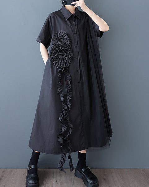 ellazhu Women's Shirt Dress Button Down Short Sleeve Lapel Two Side Pockets Lace Casual Loose Maxi Flowy Hem GZ409 Black