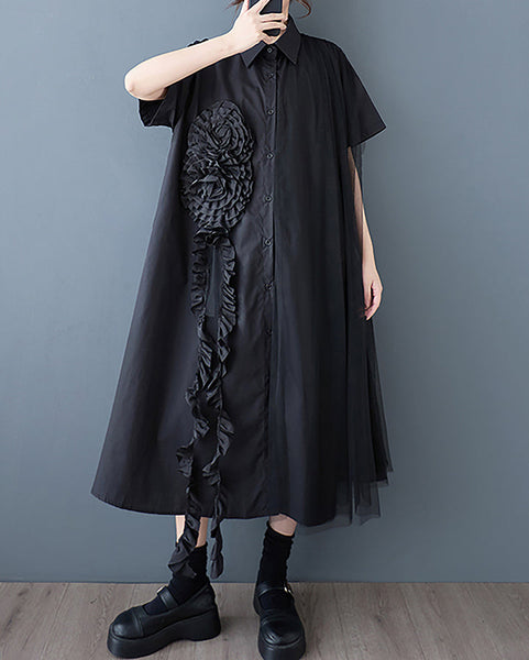 ellazhu Women's Shirt Dress Button Down Short Sleeve Lapel Two Side Pockets Lace Casual Loose Maxi Flowy Hem GZ409 Black