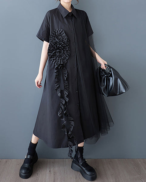 ellazhu Women's Shirt Dress Button Down Short Sleeve Lapel Two Side Pockets Lace Casual Loose Maxi Flowy Hem GZ409 Black