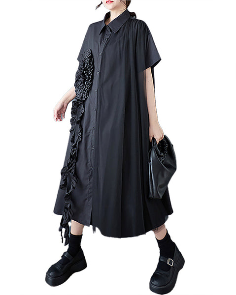 ellazhu Women's Shirt Dress Button Down Short Sleeve Lapel Two Side Pockets Lace Casual Loose Maxi Flowy Hem GZ409 Black