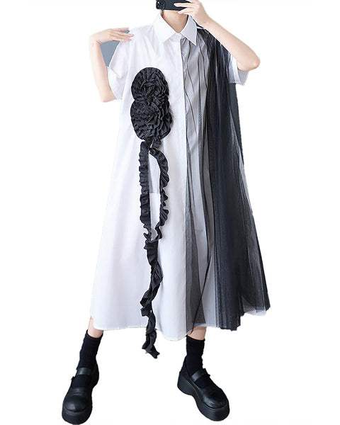 ellazhu Women's Shirt Dress Button Down Short Sleeve Lapel Two Side Pockets Lace Casual Loose Maxi Flowy Hem GZ409 Black