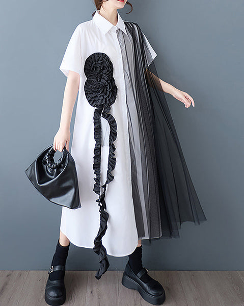 ellazhu Women's Shirt Dress Button Down Short Sleeve Lapel Two Side Pockets Lace Casual Loose Maxi Flowy Hem GZ409 Black