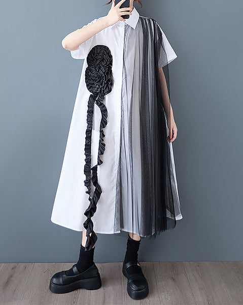 ellazhu Women's Shirt Dress Button Down Short Sleeve Lapel Two Side Pockets Lace Casual Loose Maxi Flowy Hem GZ409 Black
