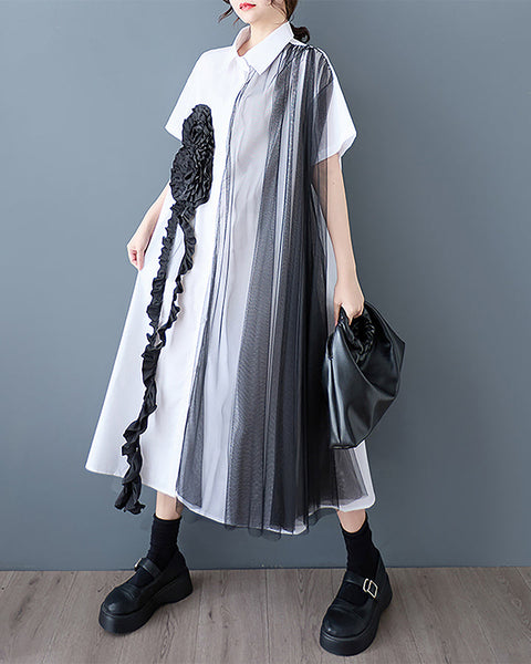 ellazhu Women's Shirt Dress Button Down Short Sleeve Lapel Two Side Pockets Lace Casual Loose Maxi Flowy Hem GZ409 Black