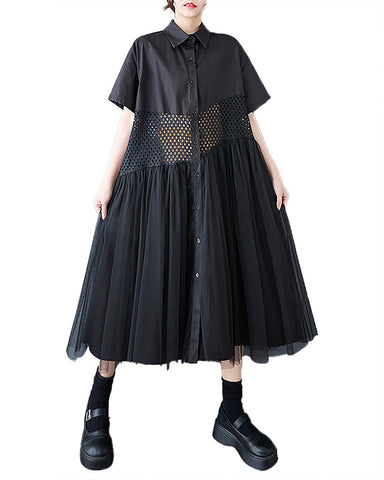 ellazhu Women's Shirt Dress Button Down Short Sleeve Lapel Lace See Through Hollow Flowy Hem Casual Loose GZ410 Black