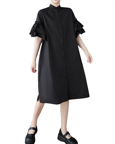 ellazhu Women's Shirt Dress Button Down Flounce Short Sleeve Solid Lapel Straight Hem Casual Loose GZ412 Black