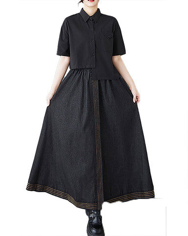 ellazhu Women's Skirt Elastic Waist Solid Straight Hem Two Side Pockets Maxi Loose Casual GZ415 Black
