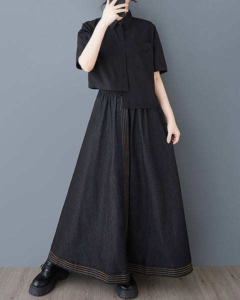 ellazhu Women's Skirt Elastic Waist Solid Straight Hem Two Side Pockets Maxi Loose Casual GZ415 Black