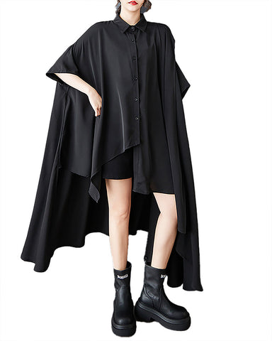 ellazhu Women's Shirts Lapel Button Down Batwing Short Sleeve Solid High Low Hem Maxi Loose Casual GZ419 Black