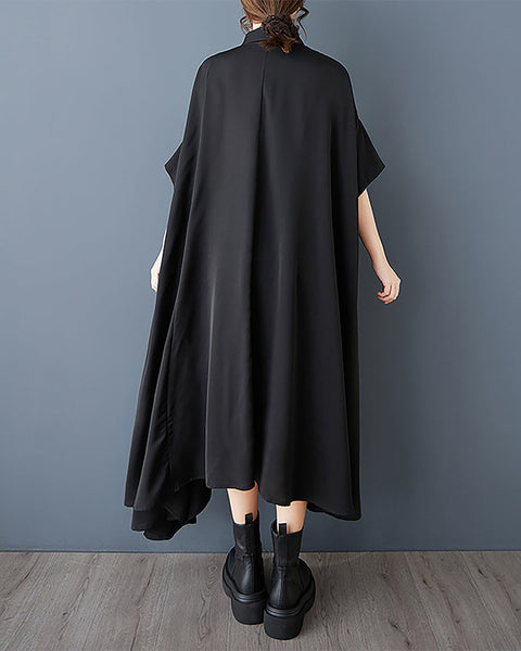 ellazhu Women's Shirts Lapel Button Down Batwing Short Sleeve Solid High Low Hem Maxi Loose Casual GZ419 Black