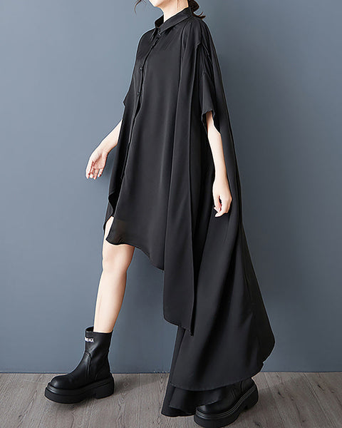 ellazhu Women's Shirts Lapel Button Down Batwing Short Sleeve Solid High Low Hem Maxi Loose Casual GZ419 Black