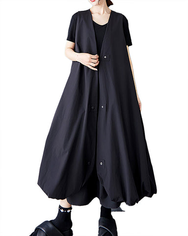 ellazhu Women's Dress V-Neck Button Down Solid Sleeveless Flowy Hem Casual Loose Oversize GZ423 Black