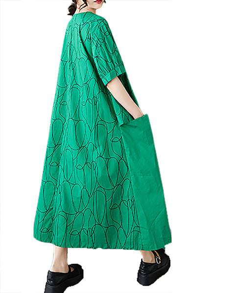 ellazhu Women's Dress Crewneck Striped Short Sleeve Two Side Pockets Flowy Hem Cadual Loose Maxi GZ424 Green