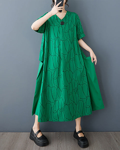 ellazhu Women's Dress Crewneck Striped Short Sleeve Two Side Pockets Flowy Hem Cadual Loose Maxi GZ424 Green