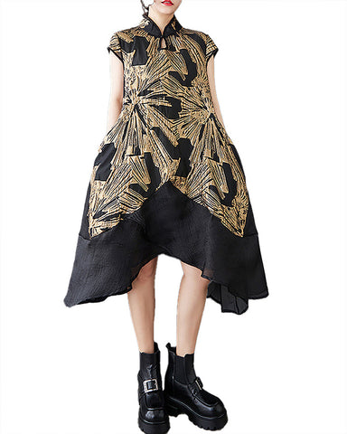 ellazhu Women's Dress Patterned Sleeveless Two Side Pockets High Neck Asymmetrical Hem Casual Loose GZ425 Black