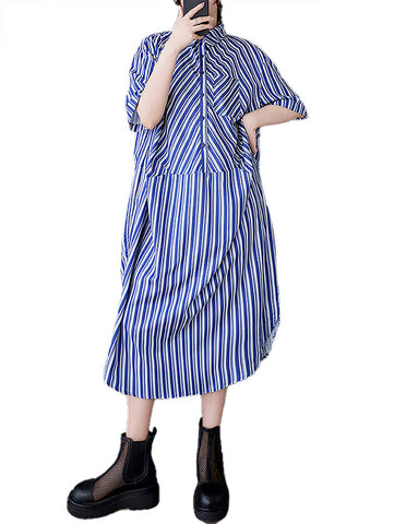 ellazhu Women's Shirt Dress Button Down Two Side Pockets Stripe Lapel Short Sleeve Split Hem Casual Loose Maxi GZ426 Blue