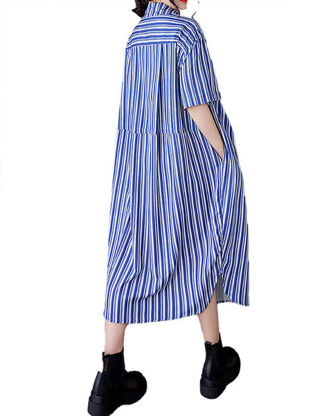 ellazhu Women's Shirt Dress Button Down Two Side Pockets Stripe Lapel Short Sleeve Split Hem Casual Loose Maxi GZ426 Blue