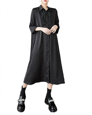 ellazhu Women's Shirt Dress Button Down Long Sleeve Solid Lapel Flowy Hem Baggy Casual Loose GZ427 Black