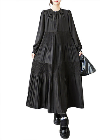 ellazhu Women's Dress Crewneck Long Sleeve Solid Button Down Ruffe Hem Baggy Maxi Casual GZ431 Black