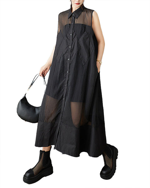 ellazhu Women's Shirt Dress Lapel Button Down Sleeveless Solid Lace See Through Flowy Hem GZ432 Black