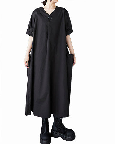 ellazhu Women's Dress V-Neck Short Sleeve Two Side Pockets Solid Straight Hem Casual Loose Maxi GZ438 Black