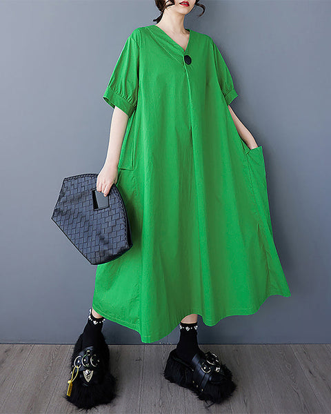 ellazhu Women's Dress V-Neck Short Sleeve Two Side Pockets Solid Straight Hem Casual Loose Maxi GZ438 Black