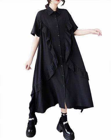 ellazhu Women's Shirt Dress Button Down Two Side Pockets Short Sleeve Solid Straight Hem Casual Loose GZ446 Black