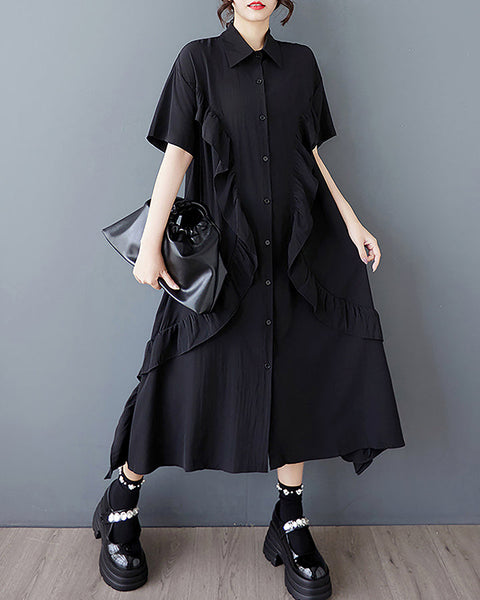 ellazhu Women's Shirt Dress Button Down Two Side Pockets Short Sleeve Solid Straight Hem Casual Loose GZ446 Black