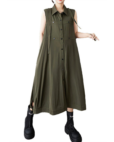 ellazhu Women's Dress Lapel Sleeveless Casual Long Shirt Cardigans Shirt Dress GZ452 Army Green
